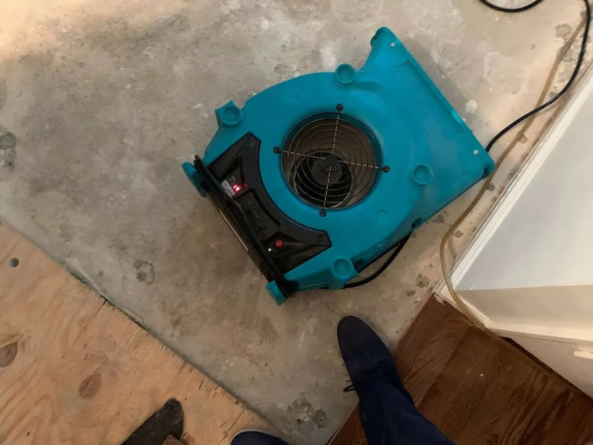 Air mover drying subfloor during Commercial Water Damage Restoration in Pendleton